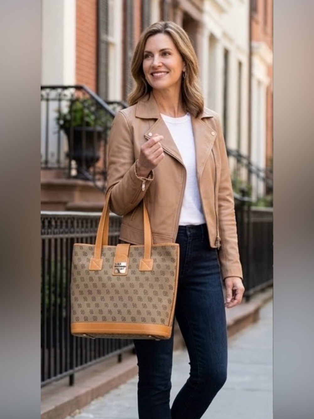 Dooney & Bourke Vintage Brown Monogram Tote with Tan Leather Trim